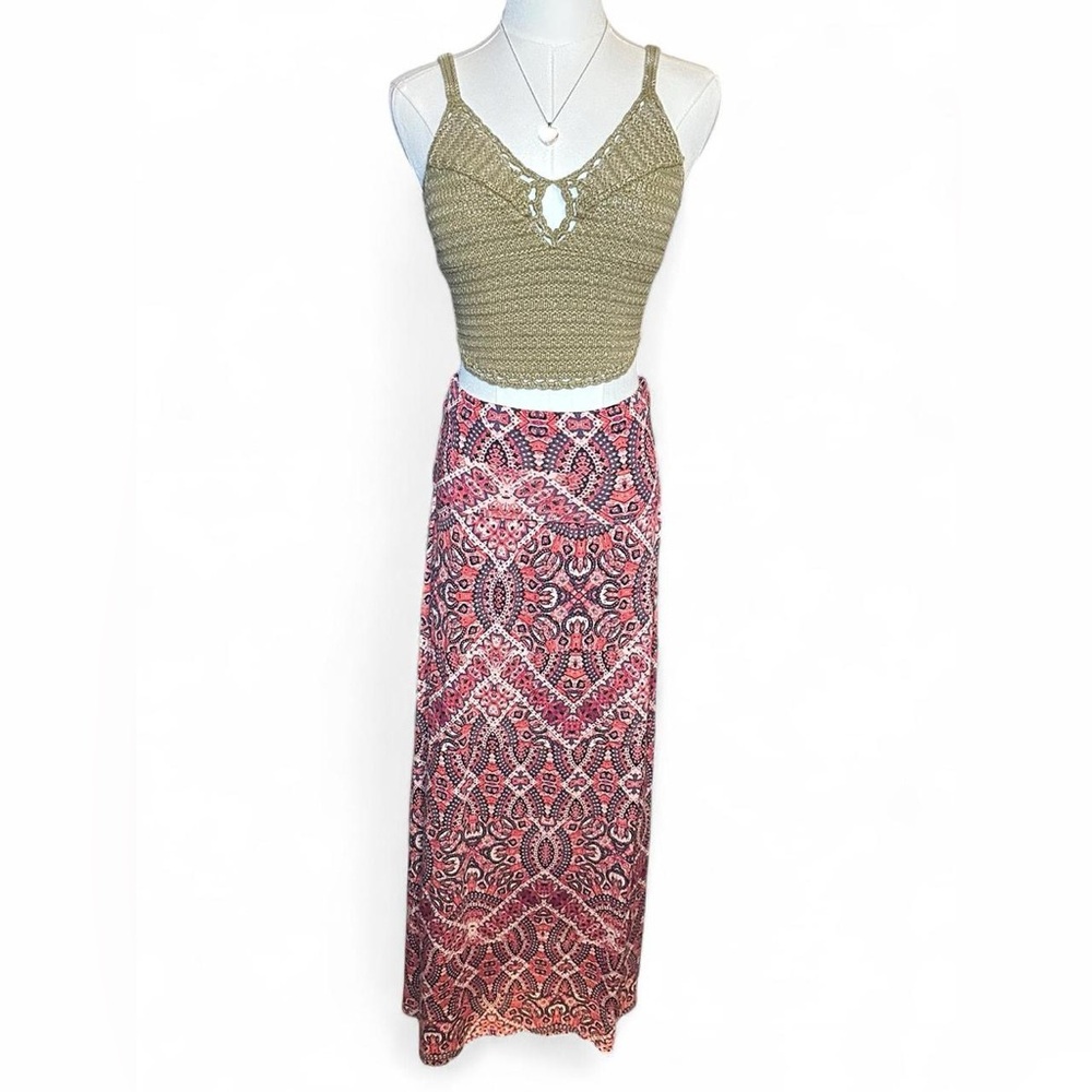 Artisan NY Coral and Black Abstract Patterned Maxi Skirt Boho Festival Hippie